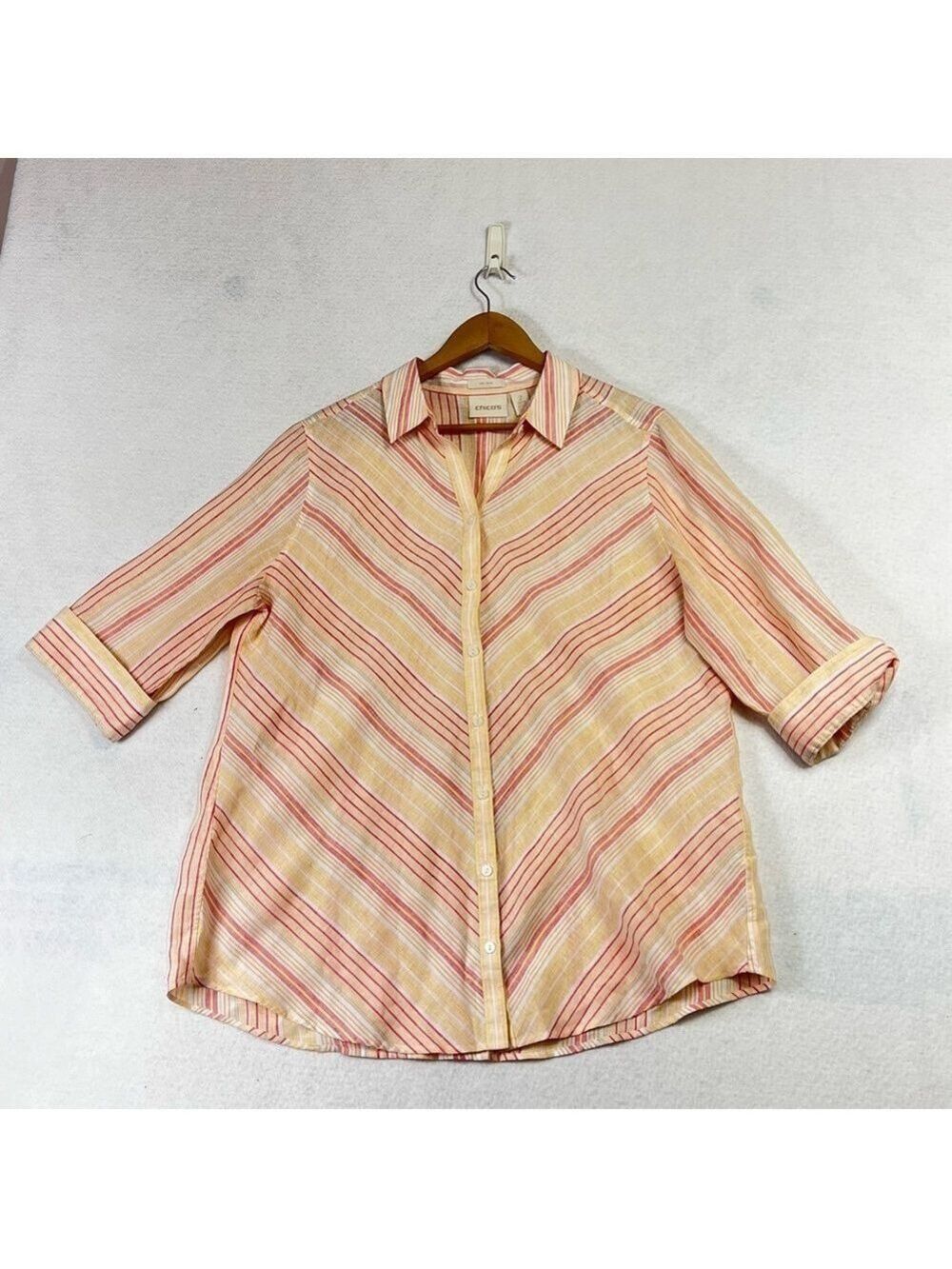 Chicos No Iron Linen Shirts Striped Loop Back Tunic Pink Peach Sz 2 (US 12/L)